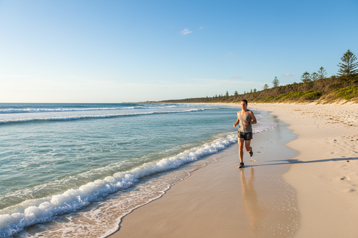 propose moi une image du même style mais quelqu'un qui fais un jogging au bord de Lapalme (en Australie) et soit ultra réaliste
