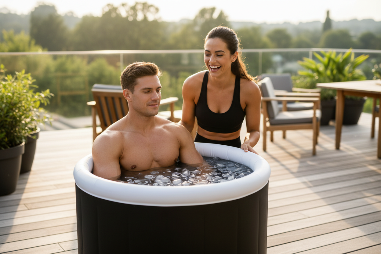 Ultra-realistic lifestyle photo. A physically healthy, muscular man sitting inside a tall, narrow ice bath identical to the reference: black plastic vertical body, slim cylindrical shape, soft inflated white rim, about 1 meter tall, with clear ice cubes floating on the surface.

Next to him stands a beautiful, athletic woman with a natural, sporty body and a tasteful cleavage, smiling and laughing warmly while looking at her husband. She looks fit, confident, and friendly.

The scene takes place on a bright
